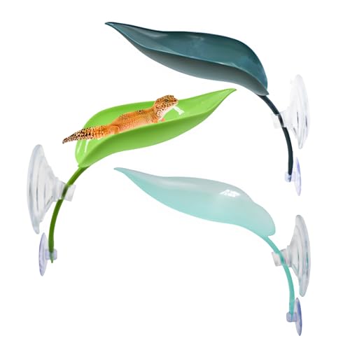 MHLLGN 3 Pack Plastic Leaf Decorations with Suction Cups, Gecko Tank Accessories, Reptile Terrarium Decorations for Crested Geckos, Leopard Geckos