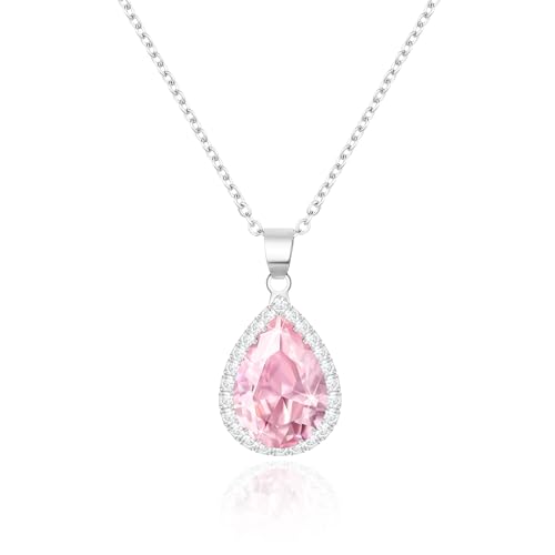 Linawe Kette Halskette Damen Pink Rosa Anhänger Silberkette, Silber Diamant Geburtsstein Kristall Kettenanhänger Charm Kette Schmucksets für Damen, Fossil Kette Jewelry