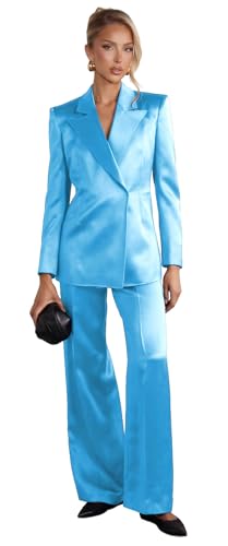 Hoawsyu Silk Satin Womens Suit Plus Size Blue 2 Piece V Neck Peak Lapel Fashion Suits for Women for Wedding Guest Size 6X-Large