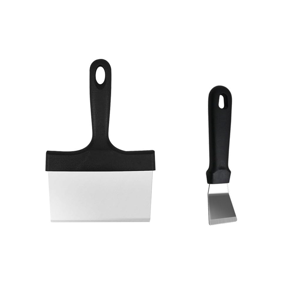 Naisfei 2 Pieces Griddle Scraper, Stainless Steel Grill Cleaner with Handle Metal,Stainless Steel Slant Edge Grill Scrapers for Food Service/Cooking/Cleaning, Black Handle, Dishwasher Safe