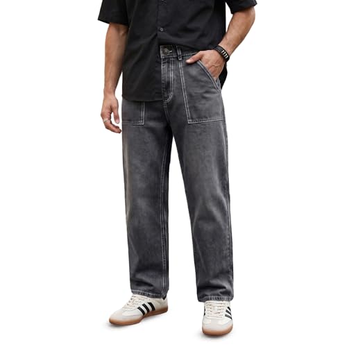 Image of Urbano Fashion Men's Loose Baggy Fit Washed Denim Jeans Non-Stretchable