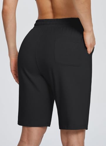baleaf Women's Cotton Bermuda Long Shorts 10" Knee Length Loose Drawstring Waist Sweat Shorts with Pockets Casual Summer2