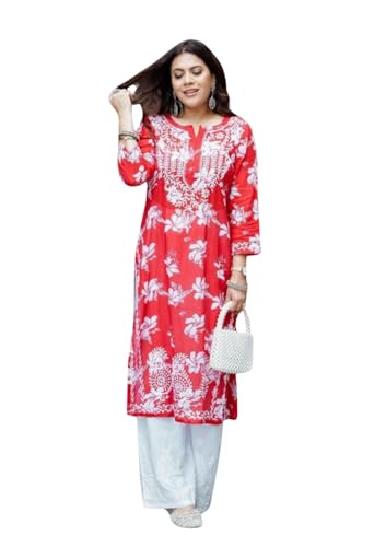 Tamara Mulmul Straight Kurta |Chikankari | Chikankari Kurta | Chikankari Short Kurti | Lucknowi Chikankari Kurti (SD095-XXL) Red