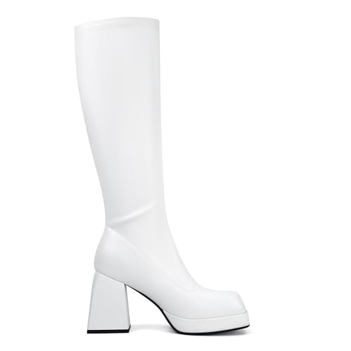 Image of SOVANYOU Black Leather Boots Platform Boots for Women Fashion Square Toe Chunky Block Heeled Boots Side Zip