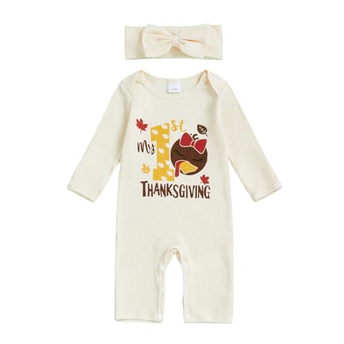 Infant Baby Girl Thanksgiving Outfit Jumpsuit My First Thanksgiving Turkey Print Onesie Romper Bodysuit Newborn Fall Clothes