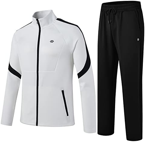 MoFiz Men's Tracksuit Set Athletic Full Zip Jacket Pants 2 Pieces Sports Sweatsuit Jogging Running Activewear Casual Outfits White Black 2XL