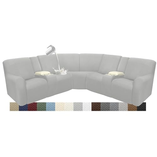 ROFASVCO Reclining Sectional Couch Covers L Shape Waterproof Washable Recliner Sofa Cover for L Shaped Sectional Super Stretch Soft Corner Recliner Slipcovers (5 Seater 2 Console Cover, Silver Gray)