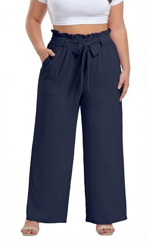 Image of OLRIK Women's Plus Size Pants Adjustable High Waisted Wide Leg Palazzo Pants Casual Trousers with Pockets Spring Clothes