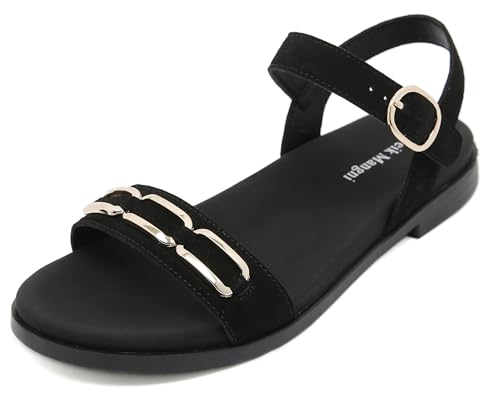Meik Mangni Damen Sandalen Sommer Bequeme Flache Sandaletten Elegant Freizeit Sommerschuhe mit Verstellbaren Riemen Rutschfeste Outdoor Sandals Schwarz Gr.38 EU