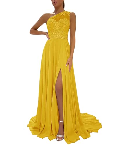 Image of LANGKAAO One Shoulder Lace Bridesmaid Dresses Long for Wedding A-Line Chiffon Slit Formal Party Gown with Pockets