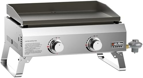 ONLYFIRE GRILLS Tabletop Flat Top Gas Griddle, 2-Burner Propane Gas Grill Griddle for Outdoor Cooking, Portable Stove for BBQ Grill Camping Tailgating RV, Stainless Steel GS319
