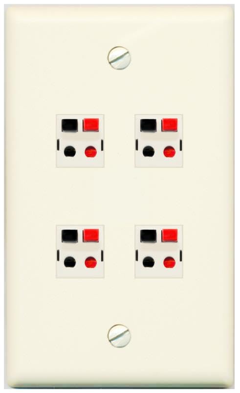 RiteAV 4 Port Speaker Wire Plug Jack Wall Plate - Flat Style [White]