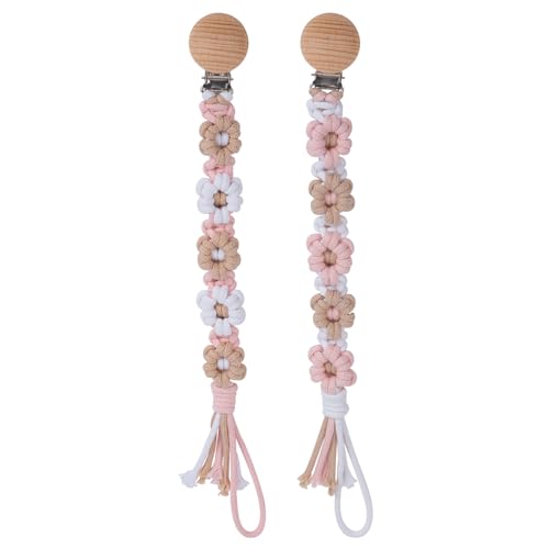 Image of Pacifier Clip for Boys Girls Floral Daisy Macrame Baby Paci Clip Pacifier Holder Leash Boho Wooden Clips Handmade Braided Cotton Binky Clips (2pack:Khaki Style x 2)