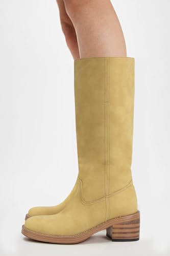 Image of DOEYG Women's Banana Knee High Boots Square Toe Chunky Block Heel Tall Boots Wide Calf Fashion Comfortable Casual Pull on Long Boots