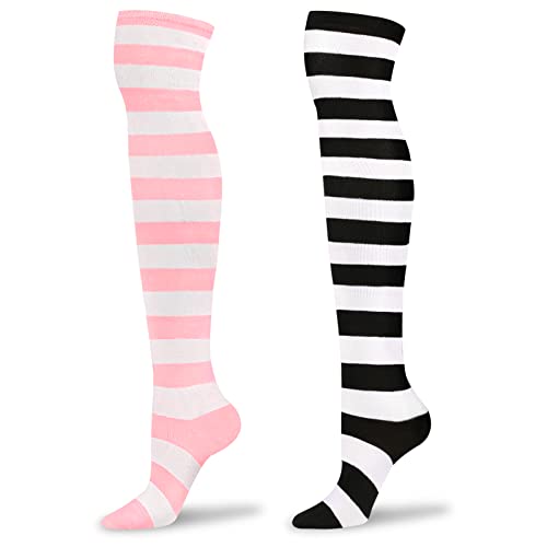Littleforbig Cute Knee High School Girl Long Striped Socks 2 Pairs - Pink and Black
