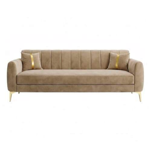 Image of Hermione Luxe Velvet-Suede Fabric 3 Seater + 1 Seater + 1 Seater Sofa Set | Golden Legs | Comfortable & Spacious Seating | Modern Sofa Set for Living Room - Beige