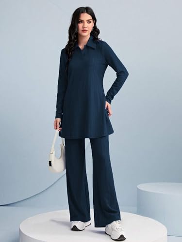 Image of TADKEE Women's Solid Color Two-Piece Set | Long Sleeve Top & Wide Leg Pants Co-ord Set | Casual Wear Co ord Set
