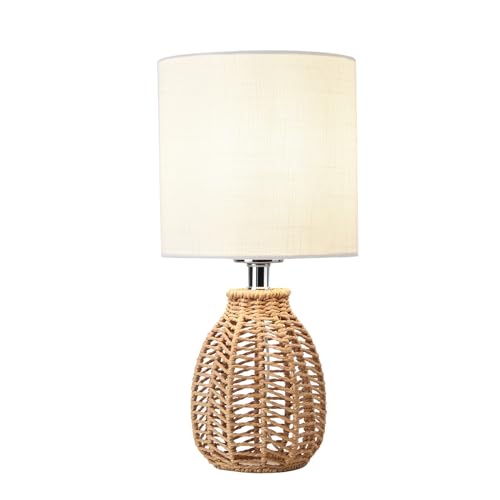 KUNJOULAM Rattan Table Lamp, Small Nightstand Lamp with Linen Fabric Lampshade, Desk...