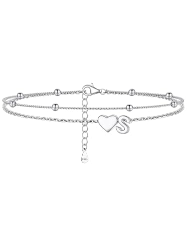 Image of PROSILVER Ankle Bracelets for Women S925 Sterling Silver Anklets for Women Waterproof, Dainty Layered Heart Anklet, Beach Initial Anklet for Summer, Letter A-Z