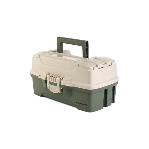 Image of Plano One-Tray Tackle Box, Green /Tan, Rust-Proof Brass Latch, Top-Access Tray with Deep Storage, Made in the USA, Portable Fishing Gear Storage Organizer