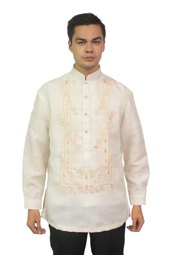 MO03 - Organza Pina Barong Tagalog with Lining - Traditional Filipino Philippines Formal Shirt Beige (US 3XL (PH 4XL))