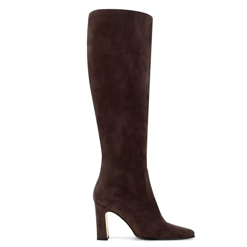 DOEYG Brown Suede Knee High Boots for Women Heeled Tall Boots for Women Chunky Block Heel Square Toe Office Fall Fashion Trendy Boot Size 8