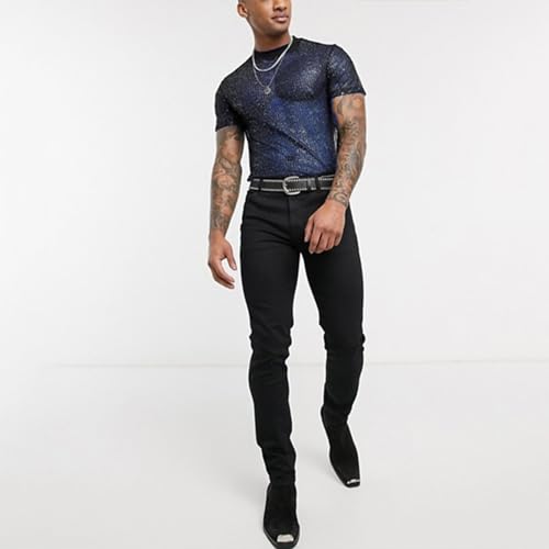 Mens Glitter See Through Shirt Top Sexy Lace Short Sleeve T-Shirt Sheer Mesh Undershirts to Show Muscle3