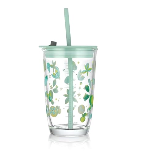 Image of Kamvy Printed Glass Milk Mug with Recipe Design (400ml) Pack of 1 | Transparent Drinking Glass for Coffee, Milk, Juice & Smoothies | Stylish Measuring Tumbler for Home & Kitchen (Mint Green)
