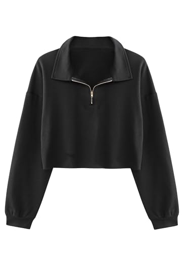 Remidoo Women's Half Zip Sweatshirt Cropped Sweatshirts Pullover Long Sleeve Crop Top Black Large