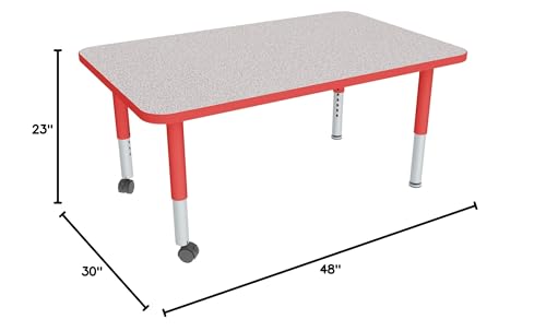 Image of Sprogs Adjustable Height Mobile Classroom Activity Table for Preschools, Rectangle Preschool Activity Table with Casters, 30 inchD x 48 inchW x 23 inchH, Gray /Red
