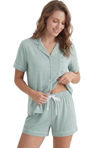 Image of LUBOT 100% Cotton Pajamas for Women 2 Piece PJ Set Button-Down Soft Knit Short Sleeve Summer Sleepwear Loungewear XS-XXL