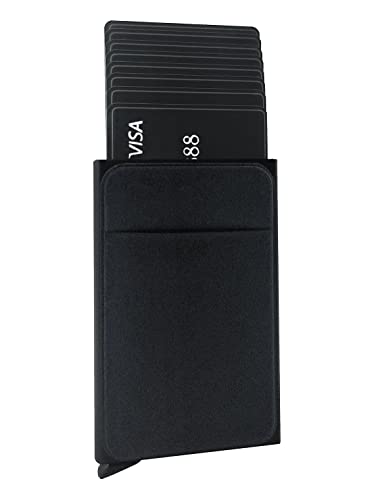 Card Holder with Money Pocket Pop Up Wallet RFID Blocking Slim Metal Bank Card Case Holds 8 Cards and Notes (Black)