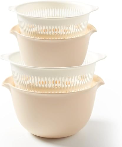 2 in 1 キッチンザルセット ボウルストレーナー付き (2セット 3クォート) BPAフリー プラスチック 果物と野菜の洗濯バスケット 食器洗い機対応 2層 排水口 パスタ サラダ ベリー クリーニング ミキシング用 (ベージュ)