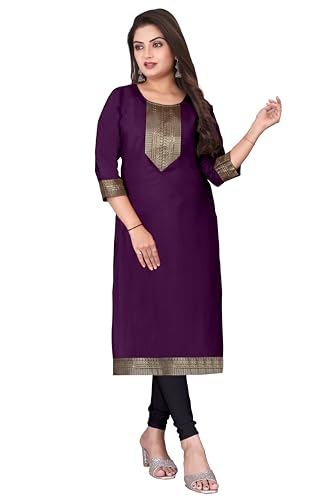 Image of Elegant red Straight Kurti with Golden Embroidered Yoke, Three Quarter Sleeves and Classic Border Detailing for Festive, Office and Everyday wear