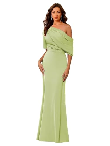 Image of Mermaid Satin Mother of The Bride Dresses for Women Elegant One Shoulder Ruffle Long Formal Evening Gown