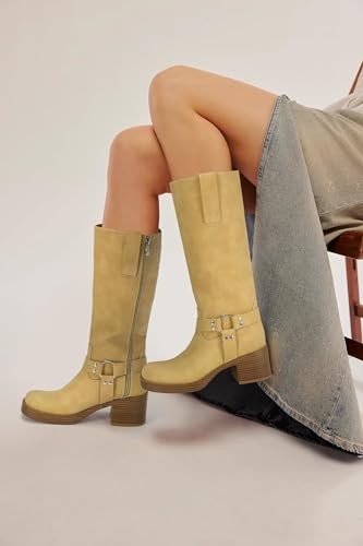 Image of Women's Knee High Riding Boots Chunky Heel Wide Calf Motorcycle Boots with Side Zipper