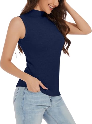Image of Sleeveless Mock Neck Knit Tops for Women Slim Fit Turtleneck Sweater Vest Business Work Tank Pullover