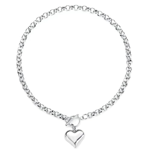 WORLDMOM Stainless Steel Puffy Heart Pendant Round Chain Chunky Necklace