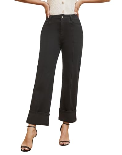 Women's Adjustable Cuffed Straight Leg Petite Jeans Stretchy High Waisted Wide Leg Cropped Denim Pants3