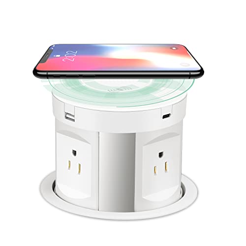 Flash Deals - 50% OFF Kungfuking Automatic Pop up Outlet, Wireless Charger Power Strip Surge Protector Recessed Outlet, 4 AC Plug + Type-A and Type-C USB Port Outlets for Countertop Kitchen Island Conference Workbench