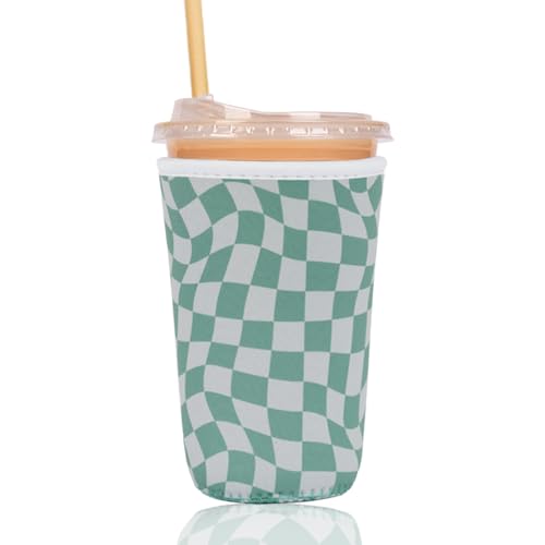 Image of Reusable Insulated Sleeve for Iced Coffee Cup, Coffee Neoprene Sleeve for Cold & Hot Drinks, Beverage Holder for Iced Coffee (Wavy Grid, Medium: 22-24oz)
