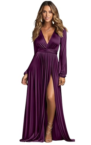 BOLENSYE Long Sleeve Bridesmaid Dresses for Wedding Satin V Neck Formal Dress Ruched Evening Gown with Slit3