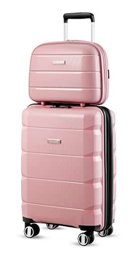 LUGGEX Carry On Luggage Set of 2, PP Expandable Lightweight Suitcase for Travelling with Cosmetic Case (Pink, 14/20)