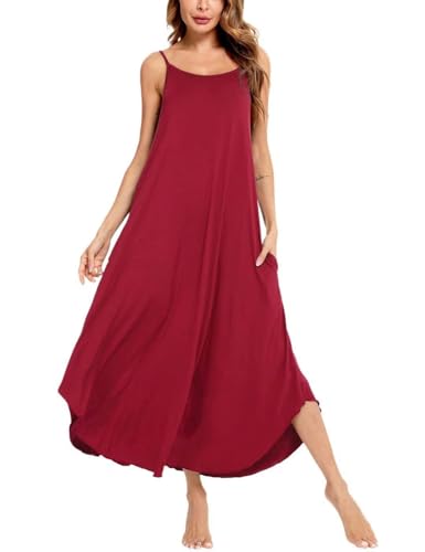 Image of SWOMOG Women Long Nightgown Pajama Dress Soft Strap Nightdress Summer Sleeveless Nightshirt Lounge Dress with Pockets