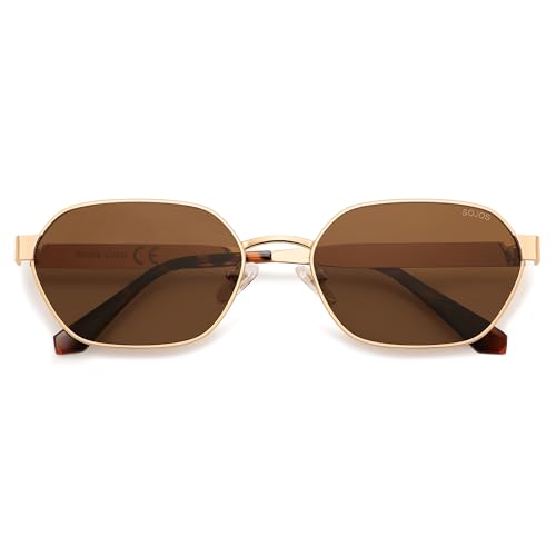SOJOS Trendy Polarized Hexagon Sunglasses for Women Men, UV400 Retro Rectangle Shades SJ1238, Gold/Brown