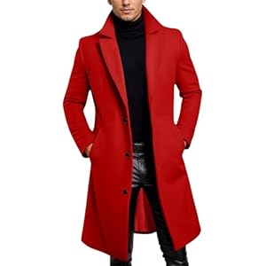 Modeewel Manteau en laine pour homme - Manteau de transition - Trench - Couleur unie - Manteau d'automne - Manteau d'affaires - Longue veste d'hiver pour homme - Manteau d'hiver long et élégant, rouge