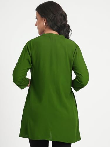 Image of Women's Roll-Up Sleeve Tunic Top, V-Neck with Button Front, Side Pockets, Rayon Short Kurti