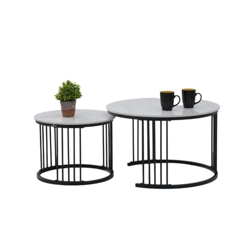 Image of Royaloak Genting Malaysian Round Sintered Top Coffee Table Set of 2 | Nesting Coffee Table for Living Room with Modern Nested Design, Glossy Surface, Powder-Coated Metal Frame & Vertical Bar Support
