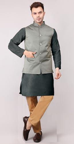 Image of Men's Cotton Silk Blend Regular Kurta Pyjama, Embroidered Nehru Jacket /Waistcoat Set