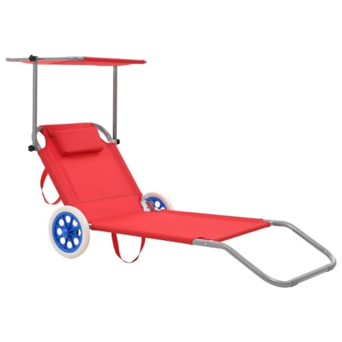 vidaXL Tumbona Plegable con Parasol y Ruedas Roja de Acero Terraza Playa Patio